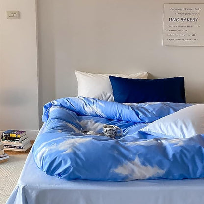 Cotton Blue Cloud Comforter Set King Size Sky Blue Comforter Cotton 3 Pieces Soft Light Blue King Comforter Bedding Set Women Solid Blue King Bed Comforter Set for All Season as Gift
