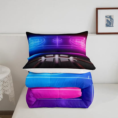 Erosebridal Sports Basketball Comforter Set for Boys Girls Neon Basketball Court Bedding Set Full,Kids Ball Competitive Games Comforter Soft Lightweight Quilt Duvet Set 2 Pillow Cases Bedroom Decor