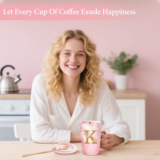 Coffee Mugs - Personalized Gifts for Women, Initial Customized Ceramic Marble Cups 14 Oz Pink, Luxury Christmas Mother's Day Birthday Gift for Mom Grandma Girlfriend Friend Unique,K