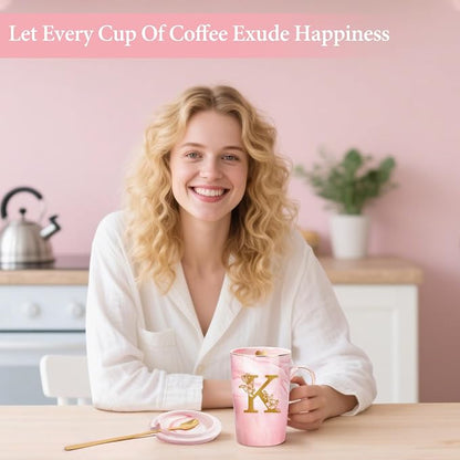 Coffee Mugs - Personalized Gifts for Women, Initial Customized Ceramic Marble Cups 14 Oz Pink, Luxury Christmas Mother's Day Birthday Gift for Mom Grandma Girlfriend Friend Unique,K