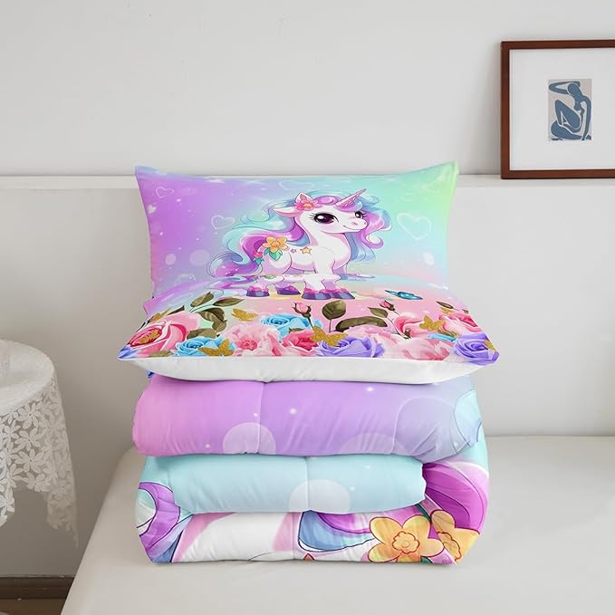 Cartoon Unicorn Kids Comforter Set Queen Size,Rose Flowers Butterfly Leaves Bedding Set,Girls Women Room Decor,Starry Sky Unicorn Cute Down Comforter,Pink Purple Romantic Duvet Insert,2 Pillowcases