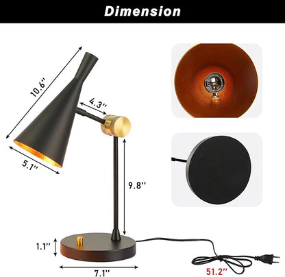 Vintage Industrial Table Lamp For bedroom, Adjustable Dimmable Desk Lamp, Brass Inner Shade Metal Table Lamp for Study, Home Office, Bedside, Nightstand, Reading Lamp Modern Mid-century, Black