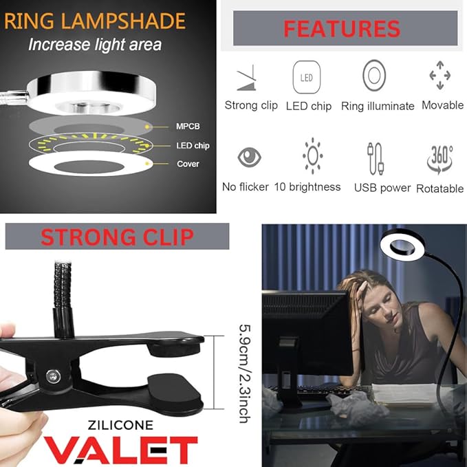 Desk Lamp with Clamp, Clip on Light, 48 LED USB Lamp with 3 Color Modes 10 Brightness Levels, 360° Flexible Gooseneck Eye Protection, Ring Light Bed Night Light for Reading With Adapter