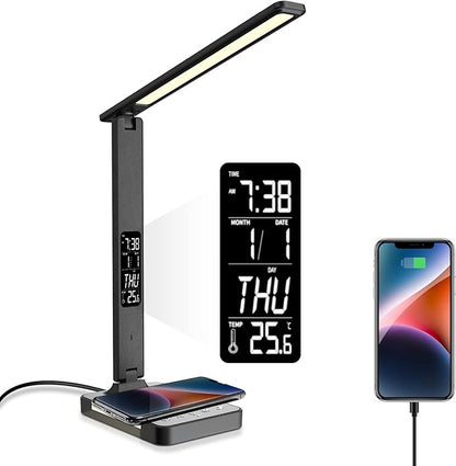 poukaran Desk Lamp, LED Desk Lamp with Wireless Charger, USB Charging Port, Table Lamp with Night Light, Desk Lights with Clock, Alarm, Date and Temperature, Black