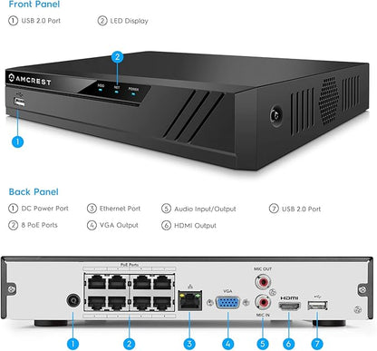 Amcrest 4K 8CH POE NVR (1080p/3MP/4MP/5MP/8MP) POE Network Video Recorder - Supports up to 8 x 8MP/4K IP Cameras, 8-Channel Power Over Ethernet Pre-Installed 2TB Hard Drive (NV4108E-2TB)