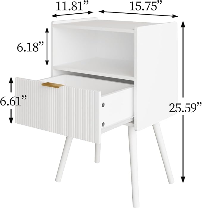Nightstand,Modern Bedside Table with Storage Drawer and Open Wood Shelf, Accent Night Stand with Solid Wood Legs for Living Room, Bedroom and Small Spaces,Easy Assembly (White)