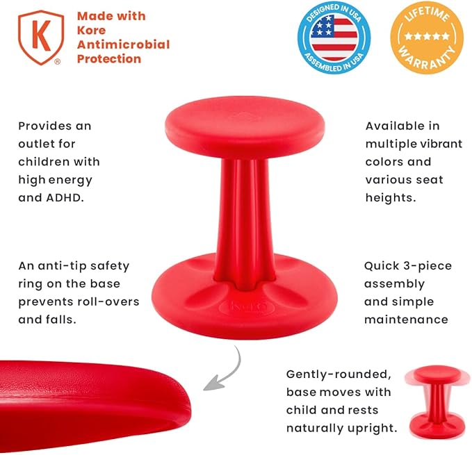 Kore Kids Wobble Chair - Flexible Seating Stool for Classroom & Elementary School, ADD/ADHD - Made in The USA - Age 6-7, Grade 1-2, Red (14in)
