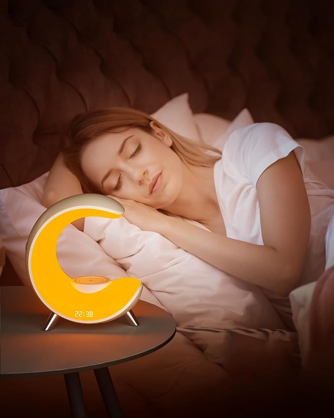 Multifunctional Bluetooth Speaker with Desk Lamp, Table Lamp Ambient Lighting with Wireless Fast Charging, Alarm Clock, Running Lights Table Lamps, Mood lights