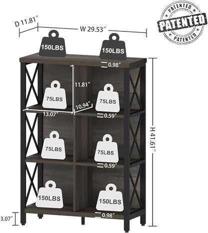 FATORRI 6 Cube Storage Organizer Shelf, Rustic Wood and Metal Cubby Bookcase, Industrial 4 Tier Cube Bookshelf (Walnut Brown)