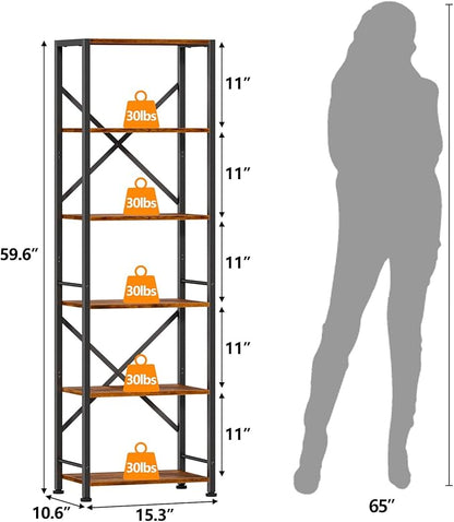 Furologee 6 Tier Tall Bookshelf, Industrial Narrow Bookcase, Display Standing Shelf Units, Metal and Wood Storage Rack Organizer for Living Room, Home Office, Entryway, Kitchen, Rustic Brown