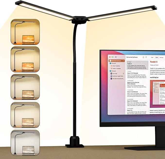 Desk Lamp,20W Ultra Bright Auto Dimming Desk Light Stepless Dimming and Tempering LED Desk Lamp,Dual Screen Computer Monitor Gooseneck Smart Light,5 adjustable lighting modes for Office Home