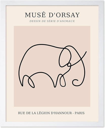 Poster Master Vintage Poster - Retro One Line Elephant Drawing Print - Elephant Art - Minimal Gift for Men, Women, Animal Lover - Abstract Wall Decor for Home, Office, 8x10 White Framed
