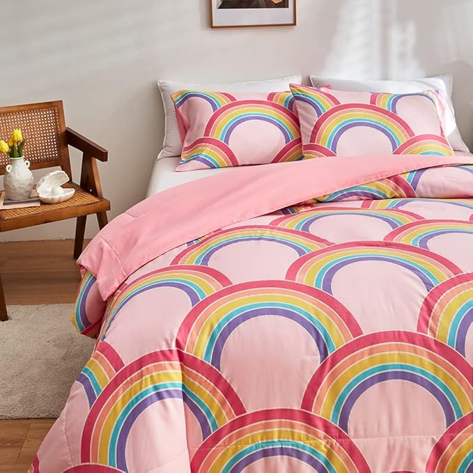 Feelyou Rainbow Glow in The Dark Comforter Set for Girls Kids Queen Pink Rainbow Bedding Set Super Soft Colorful Stripe Mermaid Scales Comforter Baby Girl Bedroom Pink Decor Bedding Quilted Duvet