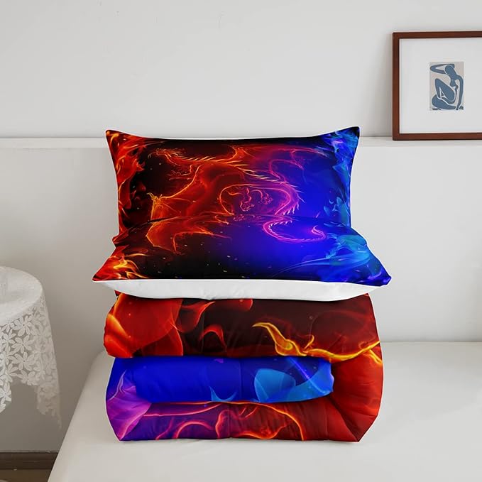 Erosebridal Dragon Comforter Set Nebula Bedding Set Full Size Mysterious Outer Space Quilted Duvet Trippy Duvet Set for Kids Boys Girls Teens Young Man Room Decorative, Blue Red