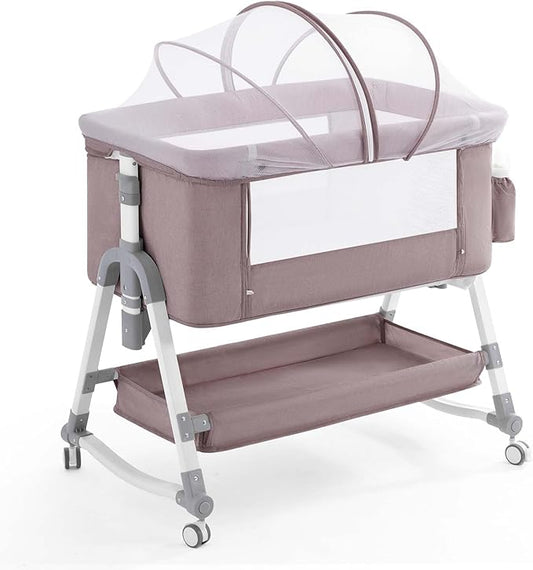 4 in 1 Baby Bassinet, Rocking Bassinets Bedside Sleeper with Comfy Mattress and Wheels, Height Adjustable Easy Folding Portable Bedside Crib for Newborn Infant,Khaki