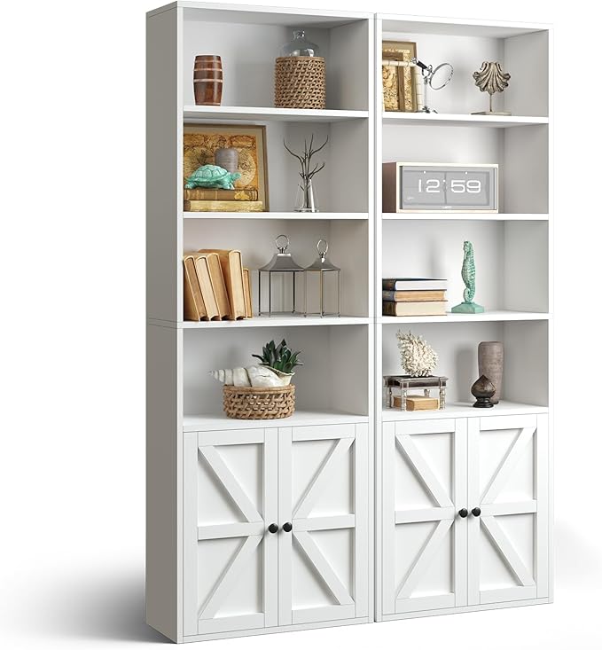oneinmil 6 Tier Bookcase Set of 2,Wooden Bookshelves with Cabinet Doors, Floor Bookshelf and Office Storage Cabinets for Home Office, Living Room,White