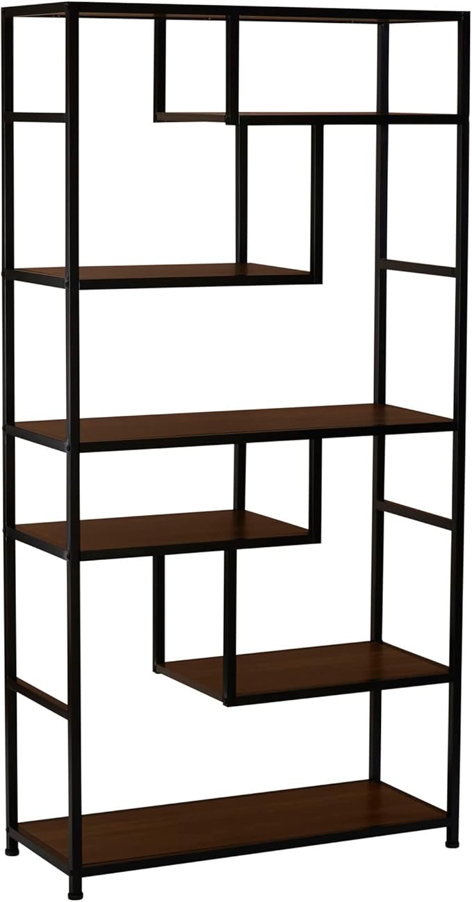 Household Essentials Jamestown Tall 6 Shelf Open Storage Bookshelf Mid Century Walnut Wood Grain and Black Metal