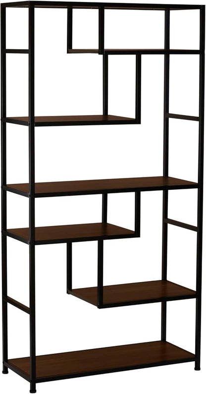 Household Essentials Jamestown Tall 6 Shelf Open Storage Bookshelf Mid Century Walnut Wood Grain and Black Metal