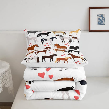 Erosebridal Kawaii Comforter Horse Comforter Set King Farm Bedding Set Kids Boys Girls Cute Animal Duvet Set Cartoon Horses with Pink Lover Heart Bedroom Decor Duvet Set Cowboy Cowgirls Comforter Set