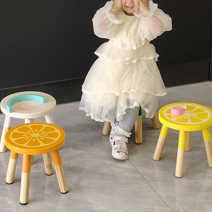 9 Inch Kids Solid Hard Wood Fruit Chair, Crafted Hand-Painted Wood with Assembled Four-Legged Sitting Stool, Bedroom, Playroom, Lemon Furniture Stool for Children,Toddler, Boys, Girls (Lemon)