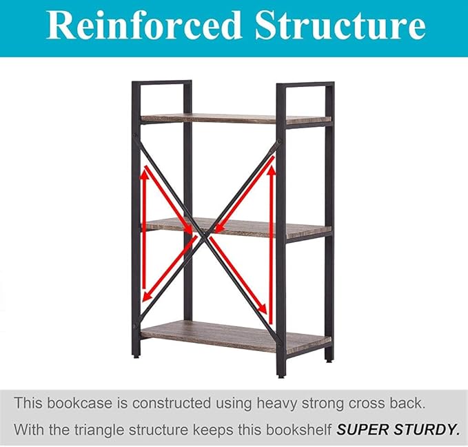 BON AUGURE 3 Tier Bookshelf, Small Rustic Book shelf, Short Industrial Wood Metal Standing Bookcase Etagere for Office, Bedroom and Living Room (Dark Gray Oak)