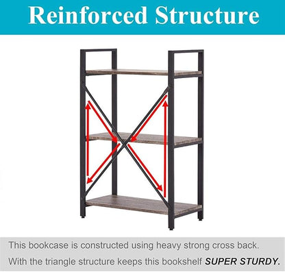 BON AUGURE 3 Tier Bookshelf, Small Rustic Book shelf, Short Industrial Wood Metal Standing Bookcase Etagere for Office, Bedroom and Living Room (Dark Gray Oak)
