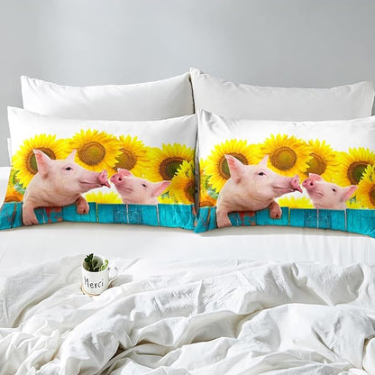 Pig Comforter Set Full Sunflower Bedding Set For Kids Boys Girls Farmhouse Animals Duvet Set Funny Cute Pig Quilt Set Rustic Country Plant Floral Comforter Set Turquoise Wooden Comforter Set