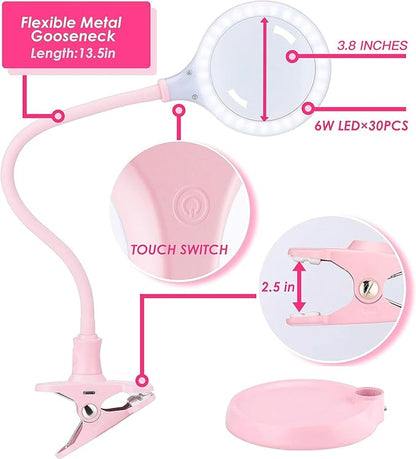5X Magnifying Lamp，Lighted Magnifying Glass with Light and Stand Hands Free, Desk Magnifying Light, LED Magnifier Work Lamp for Women, Ladies, Kids Reading.
