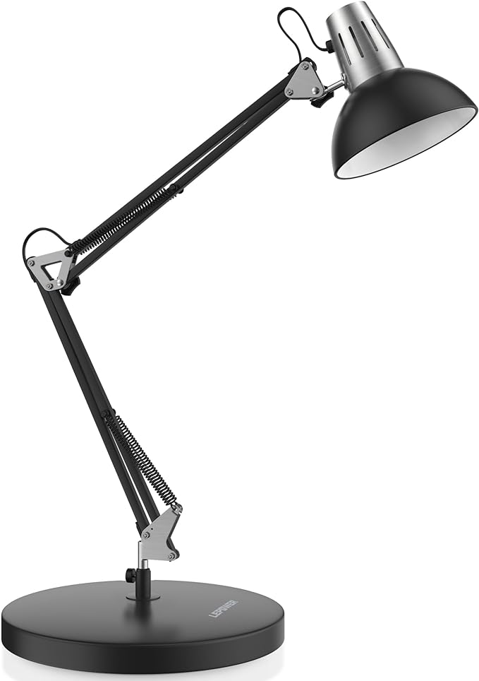 LEPOWER Metal Desk Lamp, Adjustable Goose Neck Architect Table Lamp with On/Off Switch, Swing Arm Desk Lamp with Clamp, Eye-Caring Reading Lamp for Bedroom, Study Room &Office (Black)