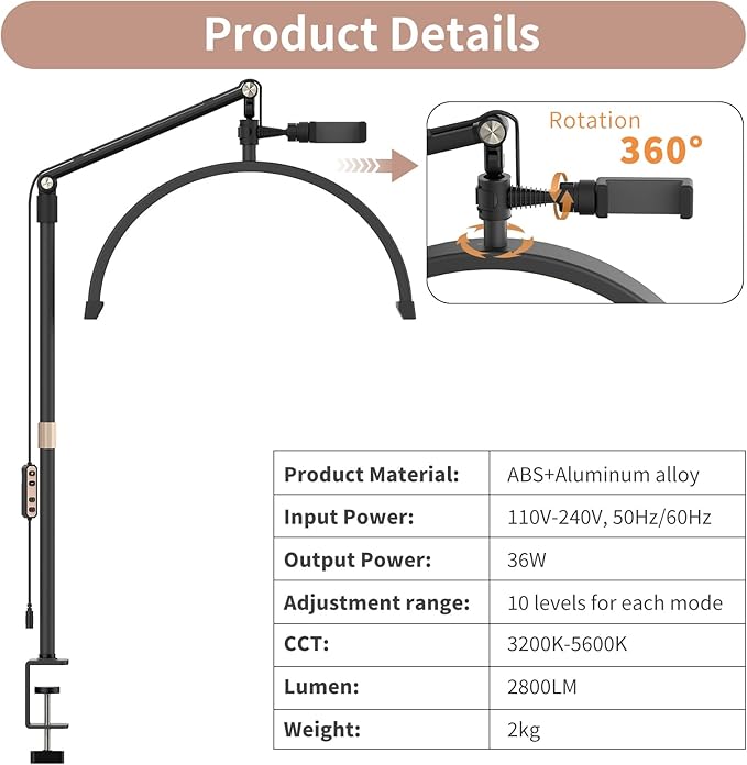 Half Moon Light for Lashes, 22Inch LED Nail Desk Lamp, Lash Light for Eyelash Tech, Esthetician, Office, Beauty, Skincare, Tattoo, Facial, Filming with Remote Control Black