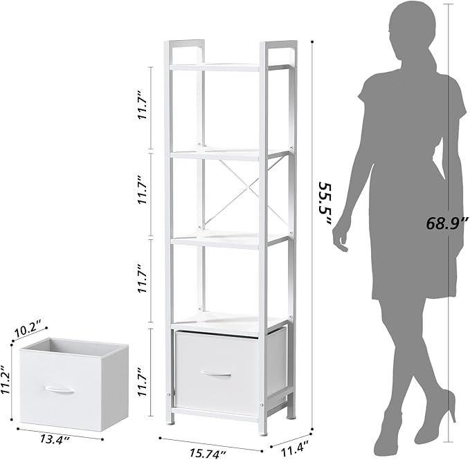 Narrow-Bookshelf-With-Storage-Drawer, 5-Tier Small Standing Book Shelf Organizer For Small Space, Tall Thin Bookcase Shelf For Bedroom Living Room Office, Wooden Shelving Unit Rack For Display