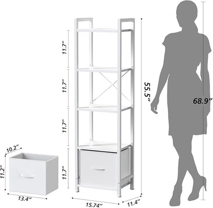 Narrow-Bookshelf-With-Storage-Drawer, 5-Tier Small Standing Book Shelf Organizer For Small Space, Tall Thin Bookcase Shelf For Bedroom Living Room Office, Wooden Shelving Unit Rack For Display