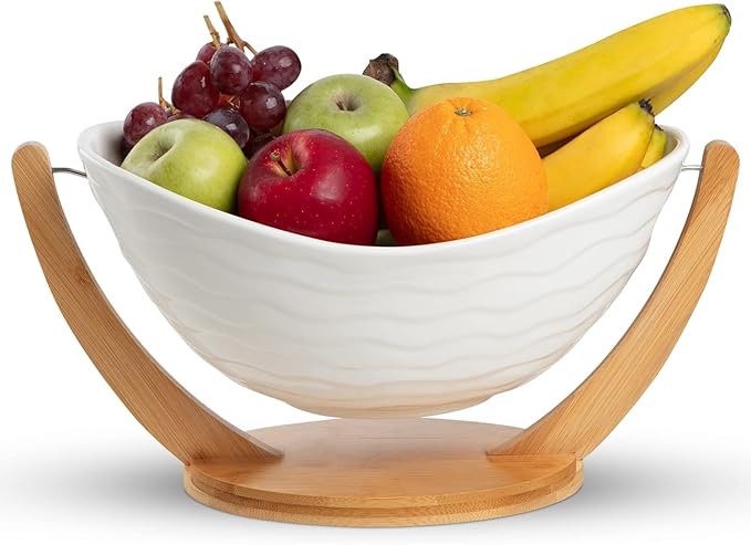 Ceramic Fruit Bowl for Kitchen Counter - 13" Modern Fruit Holder - Large Fruit Basket for Island - Large Decorative Bowl for Home Decor - Pedestal Bowl - Entryway Bowl for Keys - Extra Large