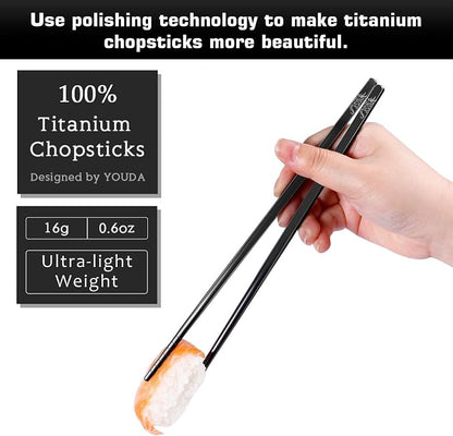 Youda 99.8% Pure TITANIUM Chopsticks Ultralight and Reusable Chopsticks for Camping, Home, Travel (2 Pairs)