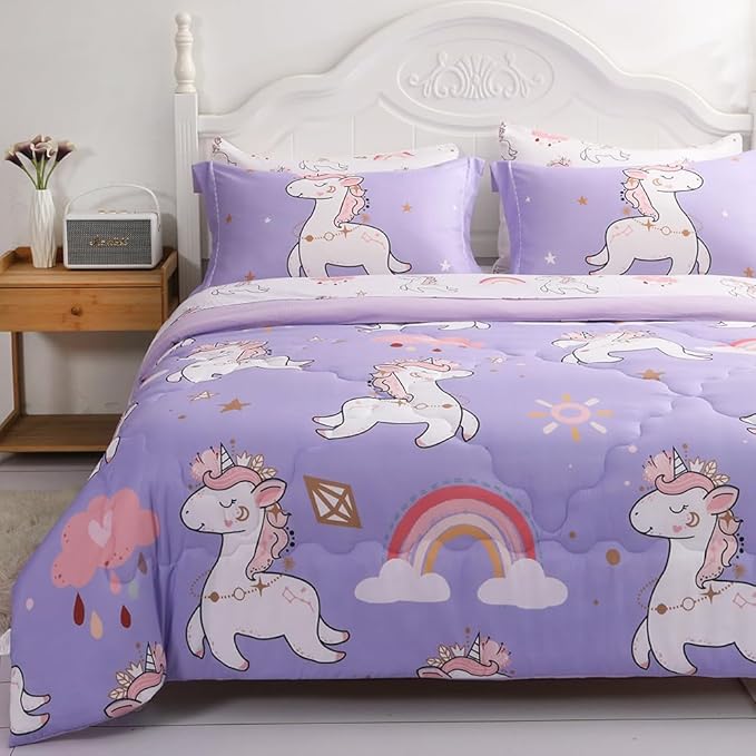 Wajade Kids Purple Unicorn Comforter Set Bed in A Bag Twin Size 7 Piece Cute Unicorn Rainbow Clouds Bedding Set for Girls (1 Comforter, 1 Flat Sheet, 1 Fitted Sheet, 2 Pillowcase and 2 Pillow Sham)