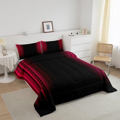 Feelyou Geometric Abstract Ombre Bedding Bed Set Men Adults Teens Vibrant Red and Black Striped Comforter Set Kids Boys Girls Simple Modern Comforter Inner Fill Bedroom Collection 3Pcs Queen Size