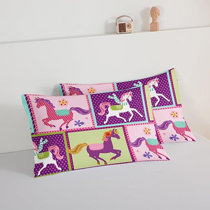 HOSIMA 3Pcs Kawaii Kids Horse Comforter Set with 2 Pillowcases,Colorful Dots Style Comforter for Adults Teens Princess Toddler Bedding Set,Horse Pony King Size Comforter Set.