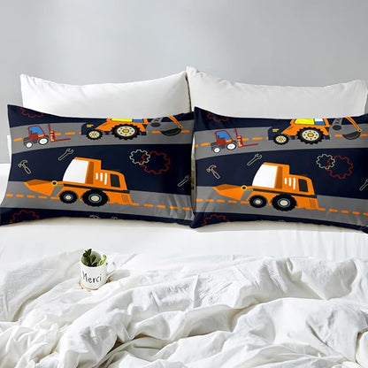 Feelyou Kids Equipment Trucks Comforter Boys Excavators Bedding Set Construction Site Vehicle Car Decor Comforter Set Tractor Orange Black Grey QuiltCollection 3Pcs Queen Size Boys