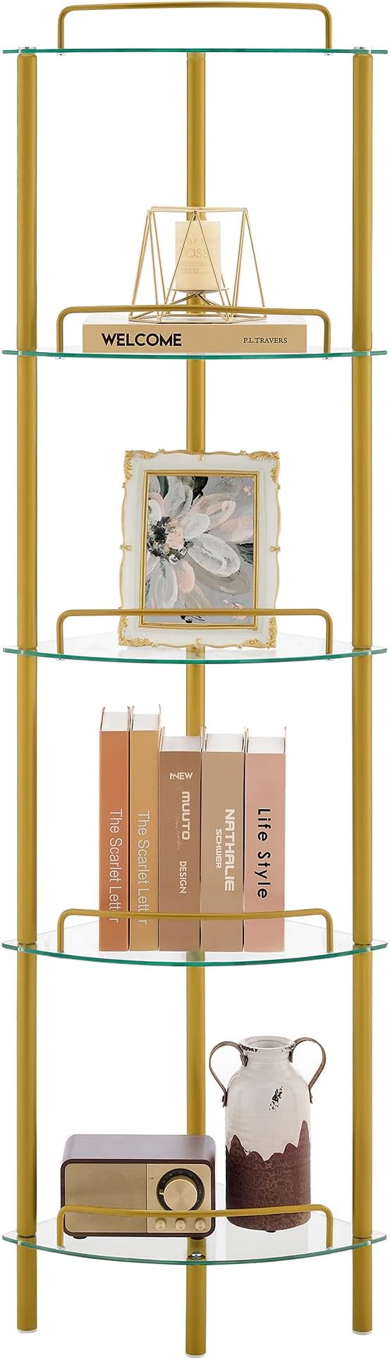 5-Tier Corner Shelf Stand, Gold Corner Bookshelf, Bathroom Organizer, Plant Stand, Tempered Glass Shelves, Modern Style for Living Room, Bedroom, Kitchen, Home Office, Metallic Gold