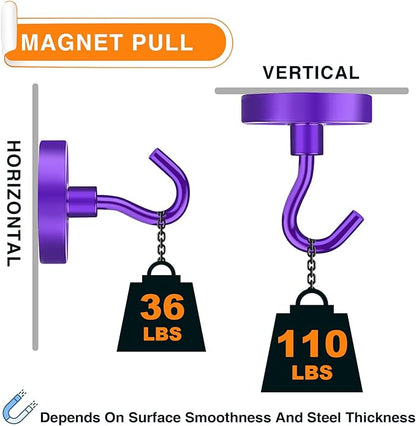 MIKEDE Strong Magnetic Hooks, 110Lbs Heavy Duty Magnetic Hooks for Cruise, Neodymium Earth Magnets with Hooks for Hanging, Super Metal Industrial Magnets for Grill, Storage (Purple,10 Pack)
