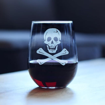 Bevvee Skull and Crossbones Stemless Wine Glass - Skull Decor and Jolly Roger Flag Gifts - Large 17 Oz Glasses