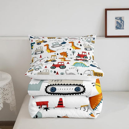 Feelyou Construction Comforter Set Kids Cartoon Dinosaur Comforter Cover Set for Boys Equipment Trucks Bedding Set Construction Vehicles Kawaii Jungle Dino Duvet Set Room Decor Quilt Set Queen Size