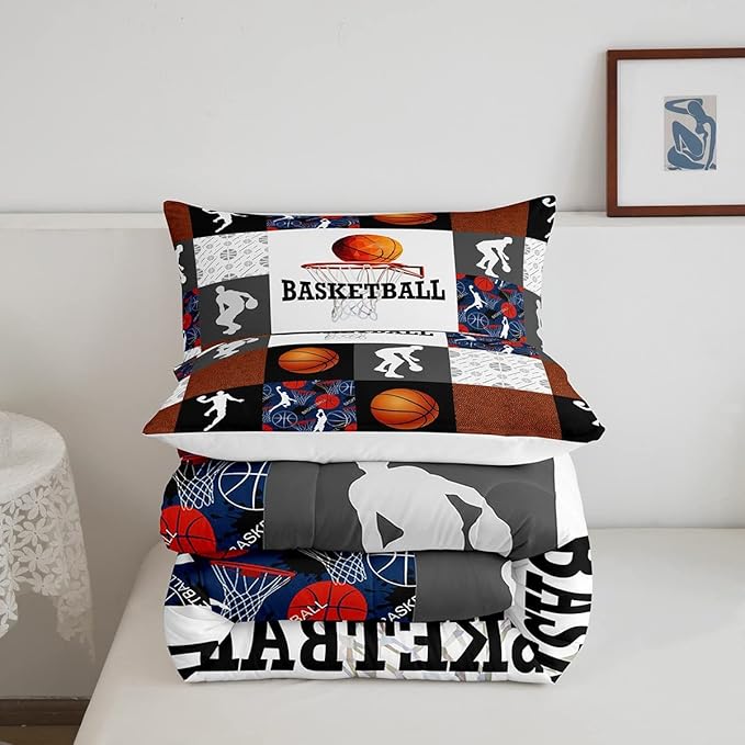 Basketball Twin Comforter Set For Boys Sports Bedding Set Basketball Athlete Bed Comforter Sets Patchwork Style Orange Black White Grey Soft Lightweight Quilt Duvet Insert 1 Pillow Case Room Decor