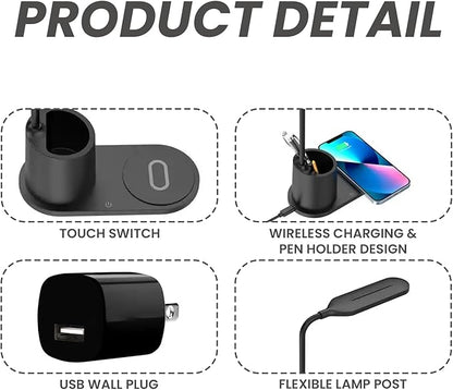 Generic USB Desk Lamp with Wireless Charging Station, Wall Adapter and Pen Holder (Black)