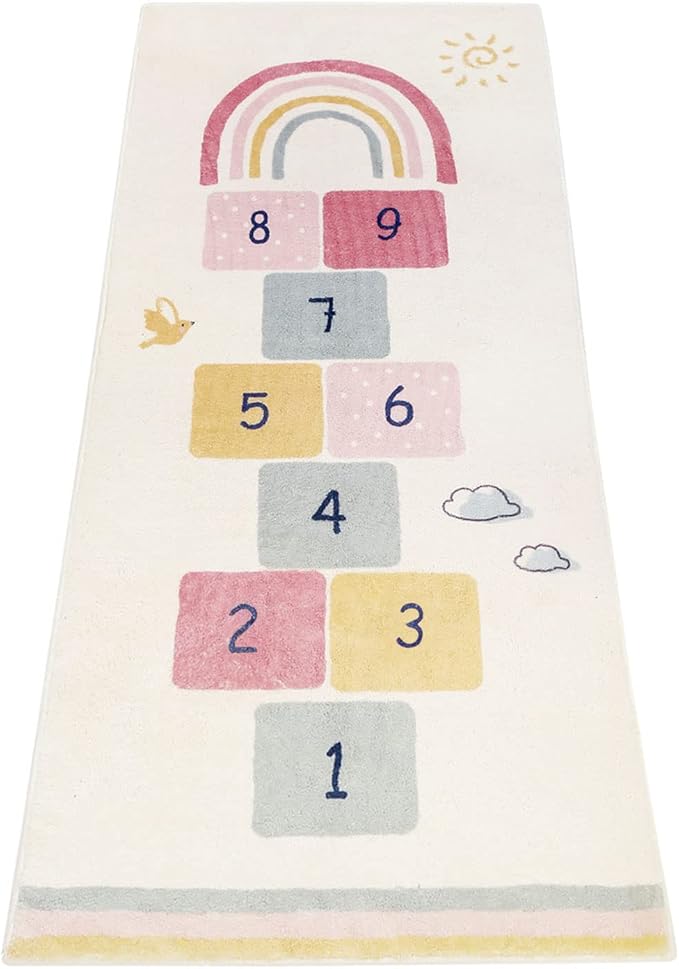 Topotdor Rainbow Sky Hopscotch Game Rugs,Kids Play Area Rugs Soft Floor Carpet for Bedroom Playroom Nursery,Great Gift for Girls & Boys,47" x 67"