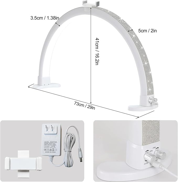 Half Moon Light with Phone Holder, 29 in 48W Nail Desk Lamp, Lash Light for Eyelash Tech, Makeup, Tattoo, Spa, Salon, Nail Tech Lamp with Stepless Dimming & Color Temperature(White)