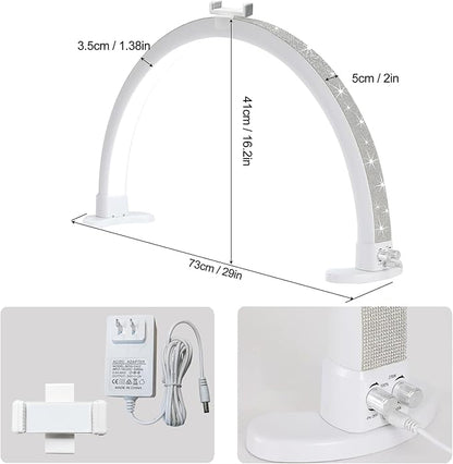 Half Moon Light with Phone Holder, 29 in 48W Nail Desk Lamp, Lash Light for Eyelash Tech, Makeup, Tattoo, Spa, Salon, Nail Tech Lamp with Stepless Dimming & Color Temperature(White)