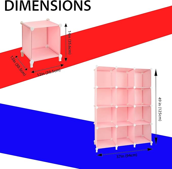 Gold Armour Cube Storage 12-Cube Bookshelf Closet Organizer Storage Shelves Cubes Organizer Plastic Square Book Shelf Bookcase DIY Closet Cabinet Organizer Shelving for Home Office Bedroom (Pink)