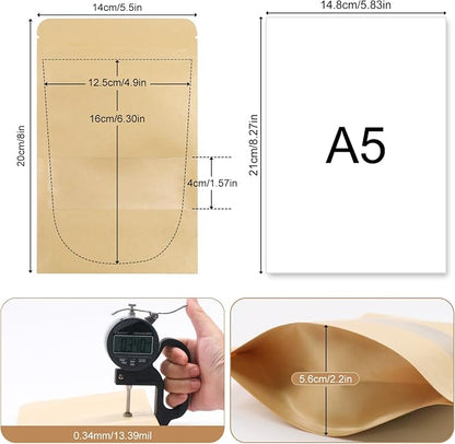 SumDirect Kraft Stand Up Pouches - 100Pcs Resealable Kraft Paper Stand Up Bags with Window, Self-Sealing Zipper Disposable Food Storage Bags for Home or Business (100, 5.5x7.8inch)