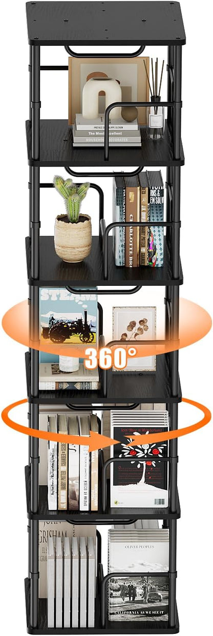5 Tier Square Rotating Bookshelf, 360 ° Display Stackable Spinning Bookshelf Tower, Space Saving Tall Floor Standing Swivel Bookcase Corner Storage Organizer for Bedroom, Living Room, Black